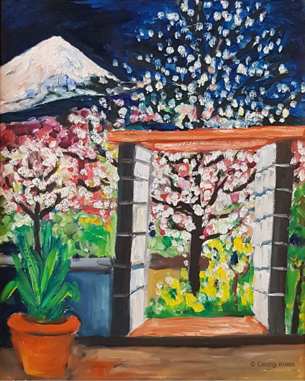 Agave und Kirschbluete. 1997. Tempera, Öl, Dispersion auf Leinwand, Holz.