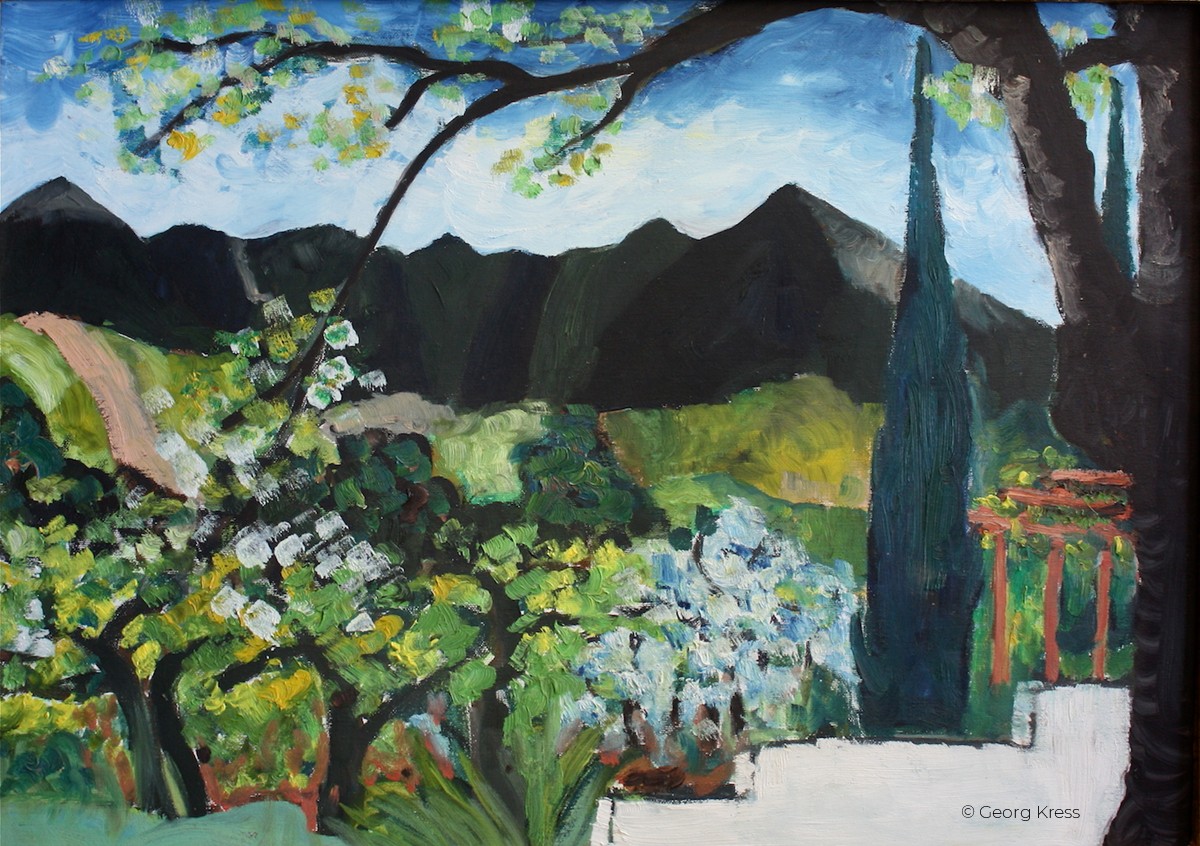 Baumbluete vor schwarzem Pratomagno. 1992. Eitempera, Öl auf Leinwand, Holz.