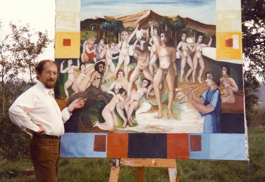 Der Künstler vor seinem Bild: Freiheit - Sieg über den Minotaurus. 1984. Eitempera, Öl, Dispersion auf Leinwand, Holz.