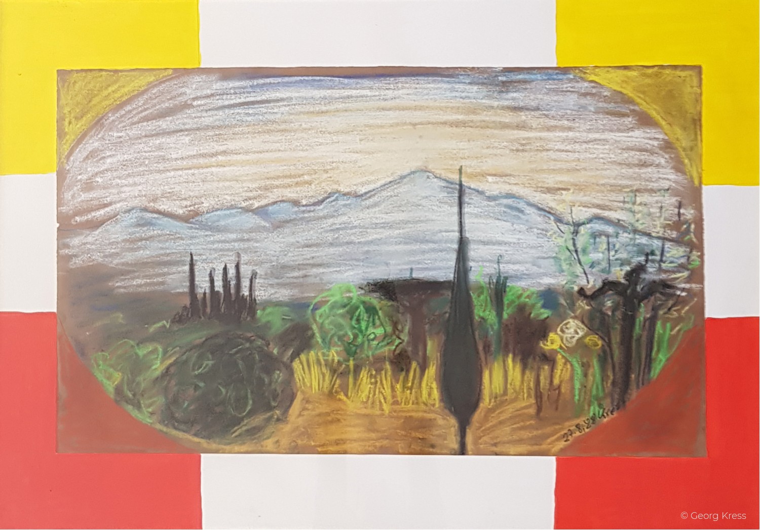 Zypresse vor dem Monte Chianti. 1988. Pastell, Dispersion auf Ingres, Holz.