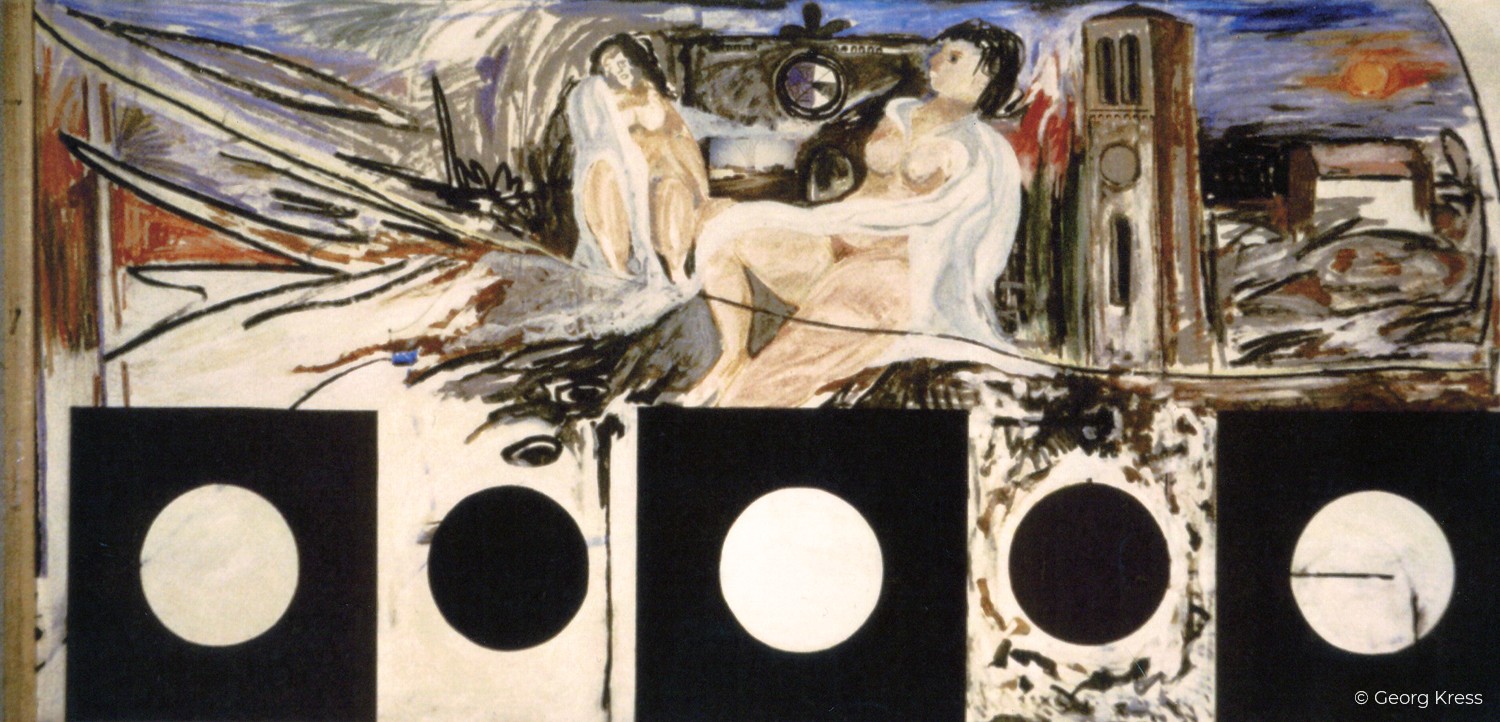 Anhalter Bahnhof Berlin mit Kirche. 1980. Tempera, Öl, Dispersion auf Papier, Holz.