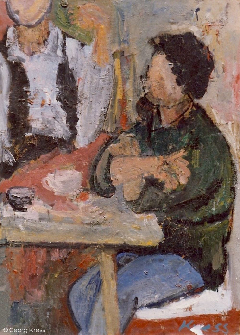 Beim Kaffeetrinken. 1959. Öl auf Hartfaser.