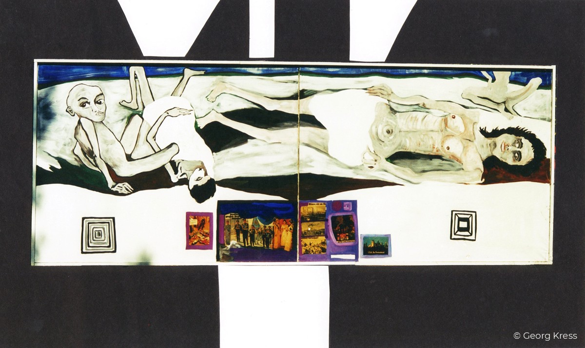 Das Schlachtfeld der Kulturen. 1993. Eitempera, Öl, Disperion, Collage auf Leinwand, Holz.