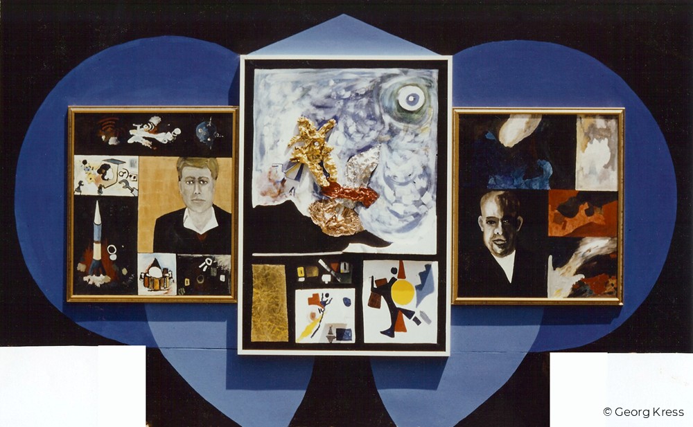 Der Mensch an seinen Grenzen V. - Intergalaktischer Flug mit Kennedy und Chruschtschow. 1987. Eitempera, Öl, Dispersion, Blattgold, Metallfolie, Styropor auf Leinwand, Holz.