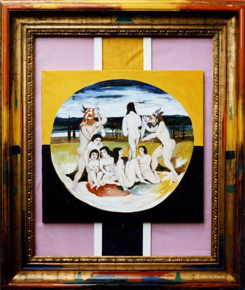 Die Bedrohung der Minotauren. 1992. Eitempera, Öl, Dispersion auf Leinwand, Seide, Holz.