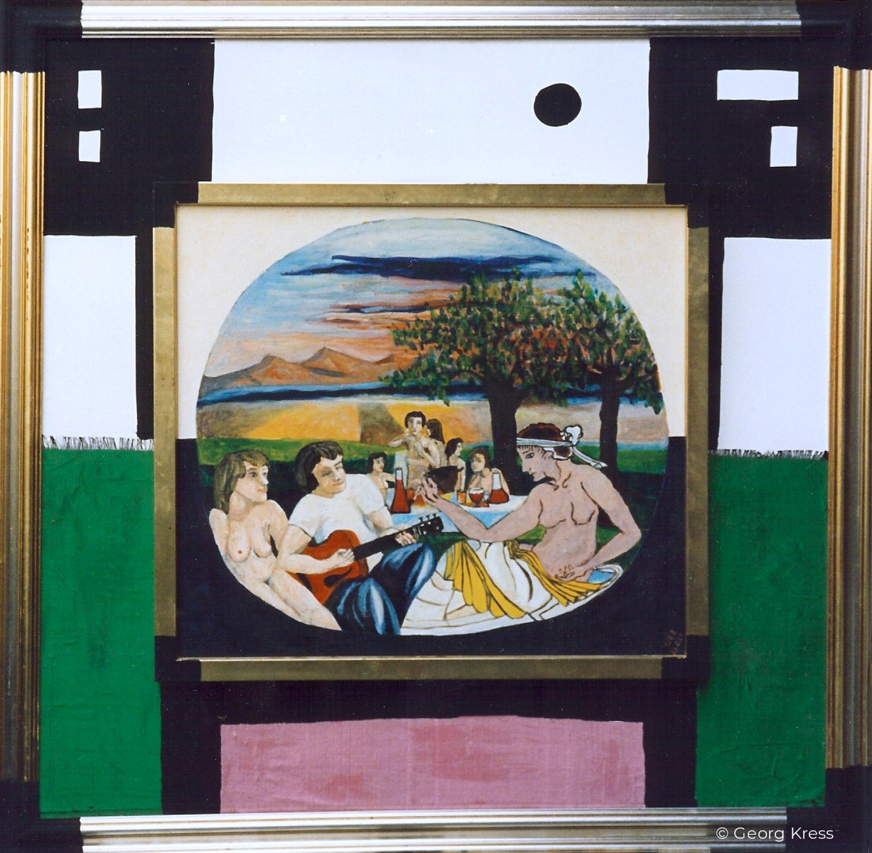 Die Hetäre beim Gelage. 1991. Eitempera, Öl auf Leinwand, Stoff, Holz.