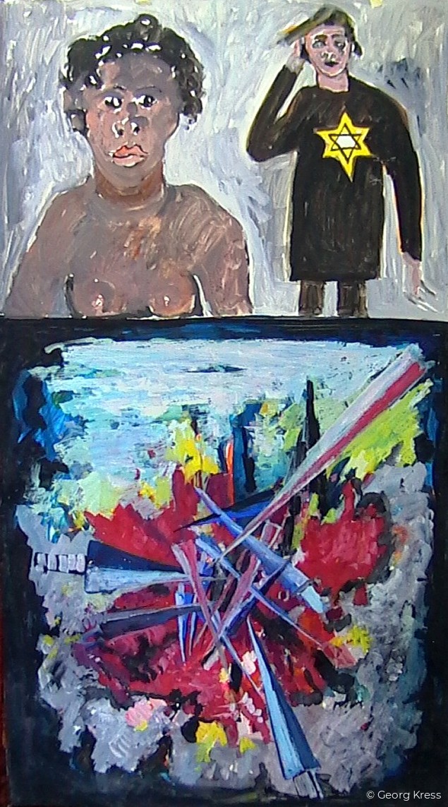 Die Zerstörung des Ich - KZ Auschwitz - Ort des Grauens. 1995. Tempera, Öl, Dispersion auf Leinwand, Holz.