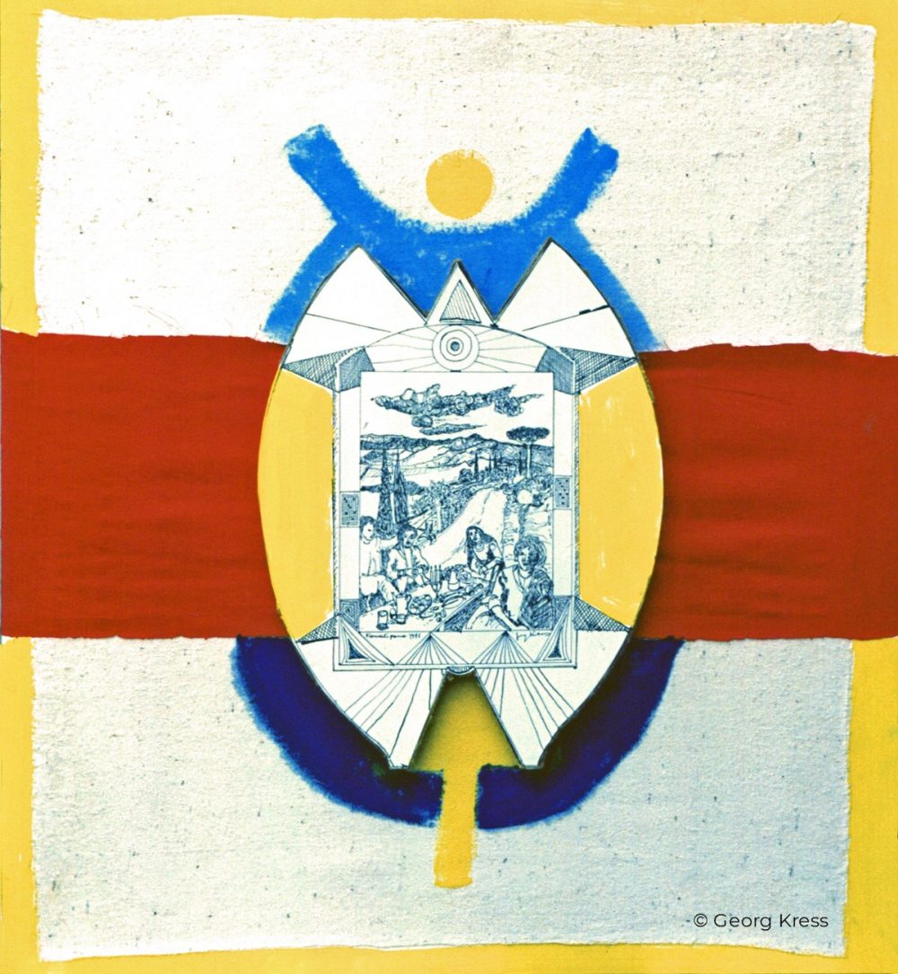 Eine Festtafel. 1991. Federzeichnung, Dispersion auf Holz, Seide.