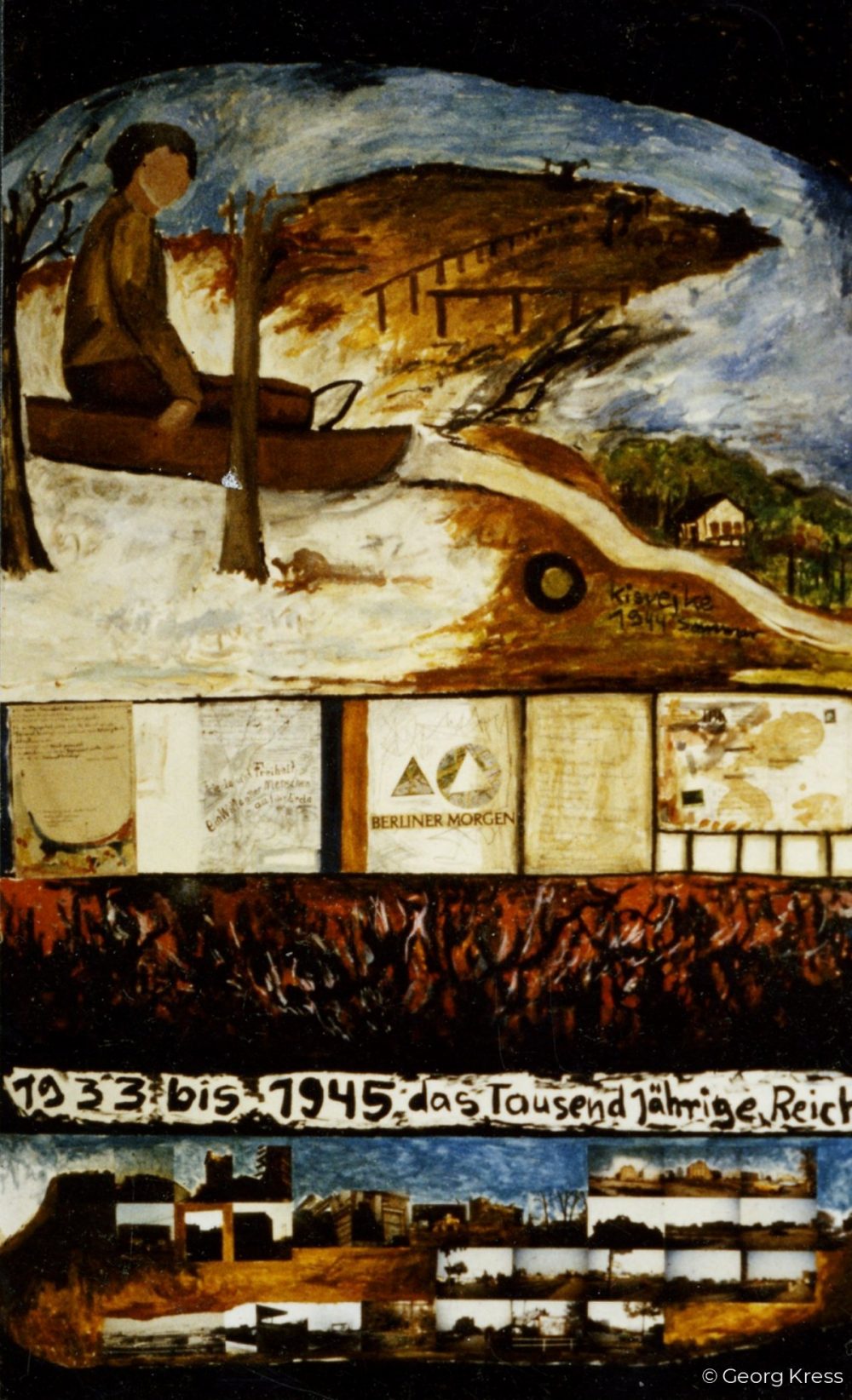 Erinnerung aus der Kindheit - Das Tausendjährige Reich. 1989. Tempera, Öl auf Papier, Holz.