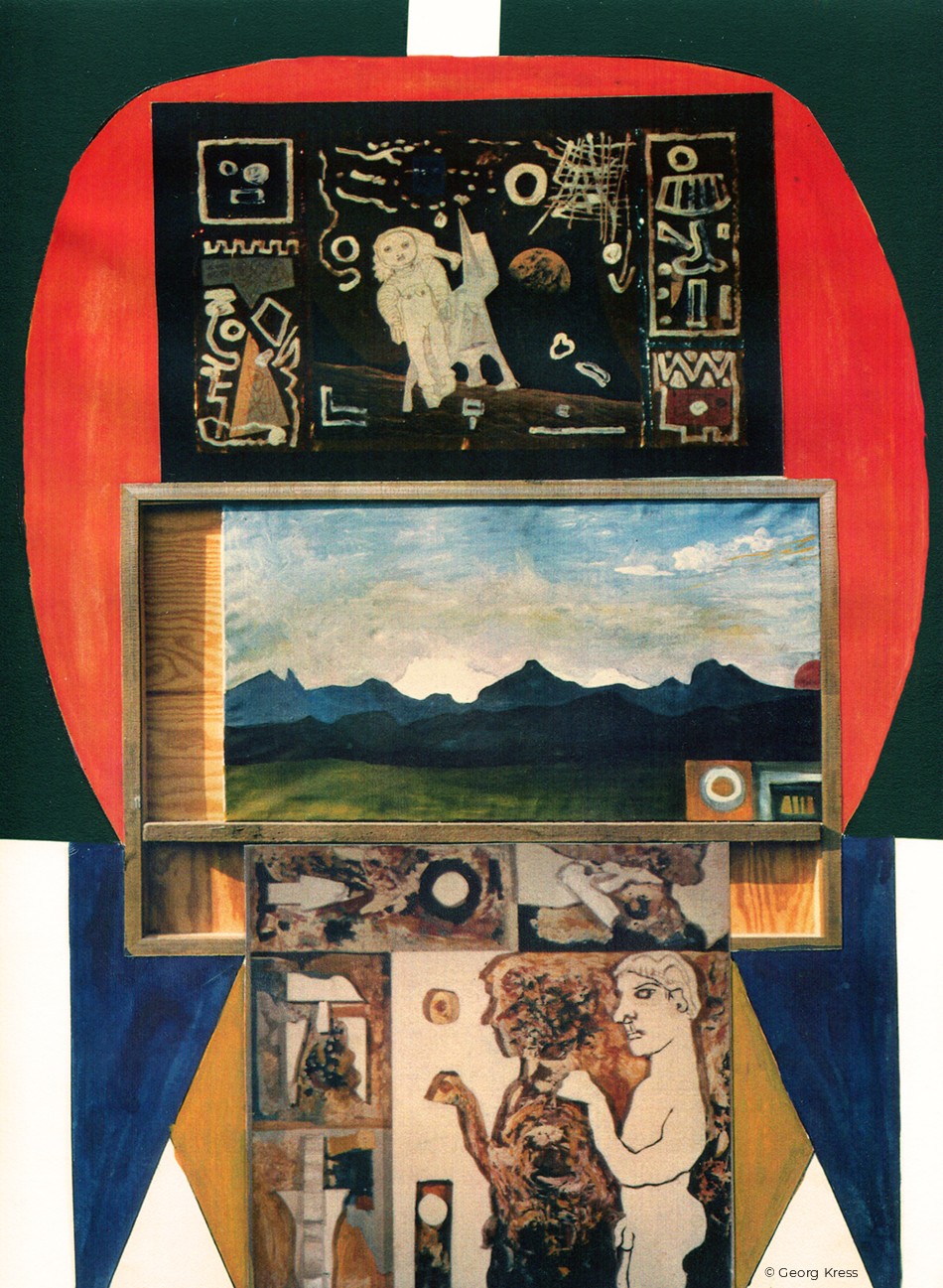 Gott, Mensch, Natur und Weltall. 1986. Eitempera, Öl, Metallfolie, Papier, Styropor auf Leinwand, Holz.