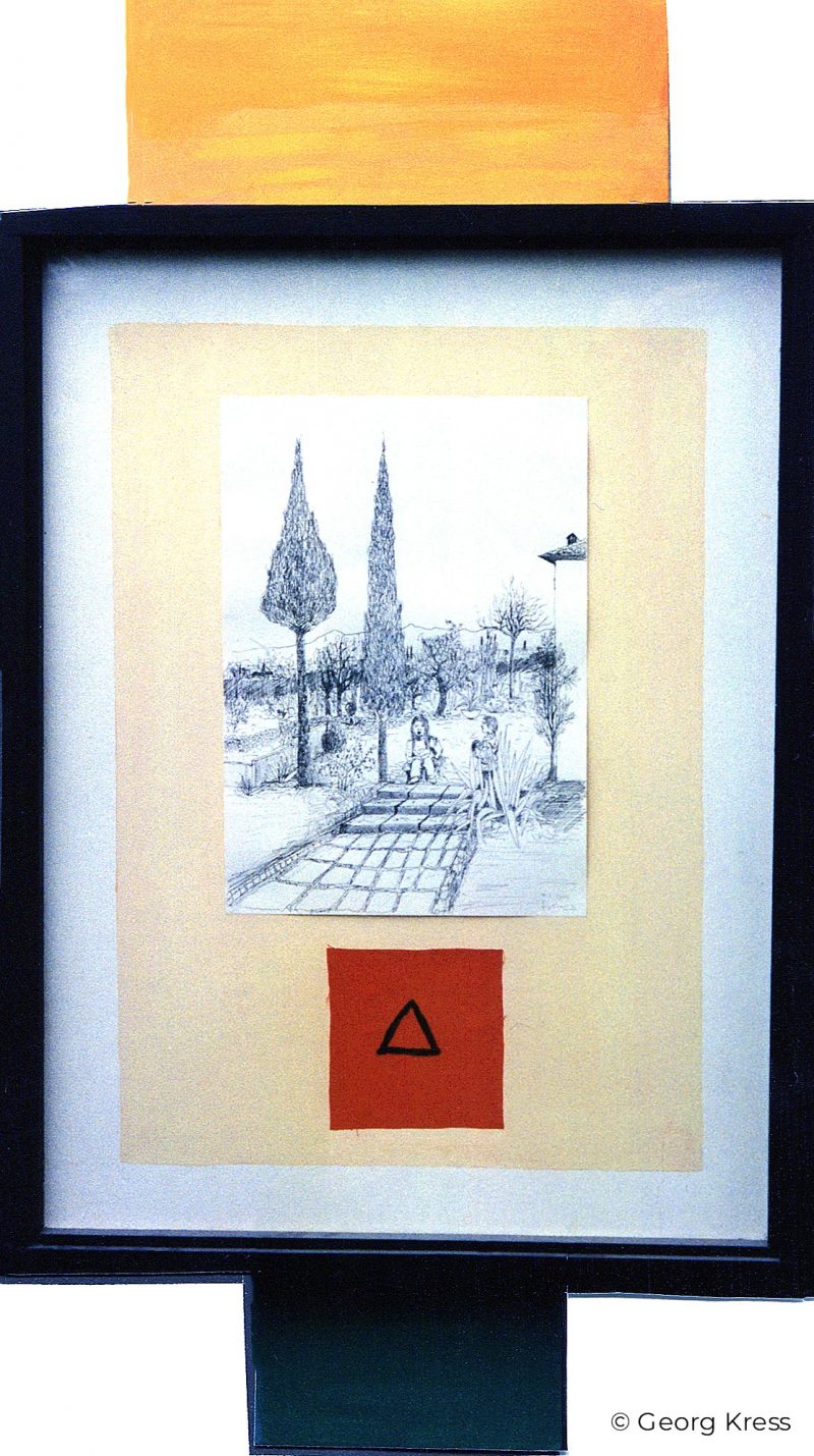 Im Toskanischen Garten Piansalipano. 1994. Federzeichnung, Dispersion auf Papier, Seide, Holz.