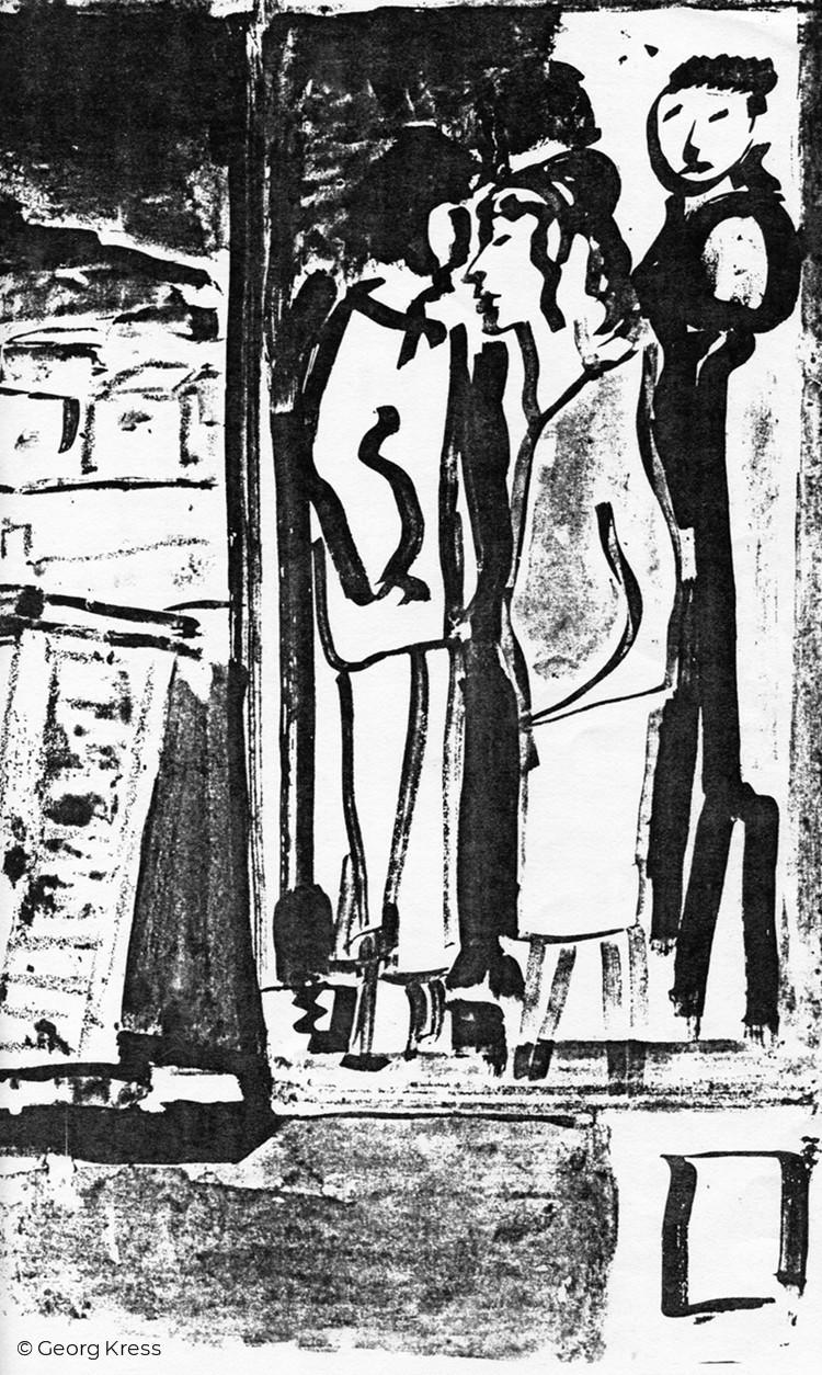 Leute in der Stadt. 1980. Tusche, Aquarell auf Papier.