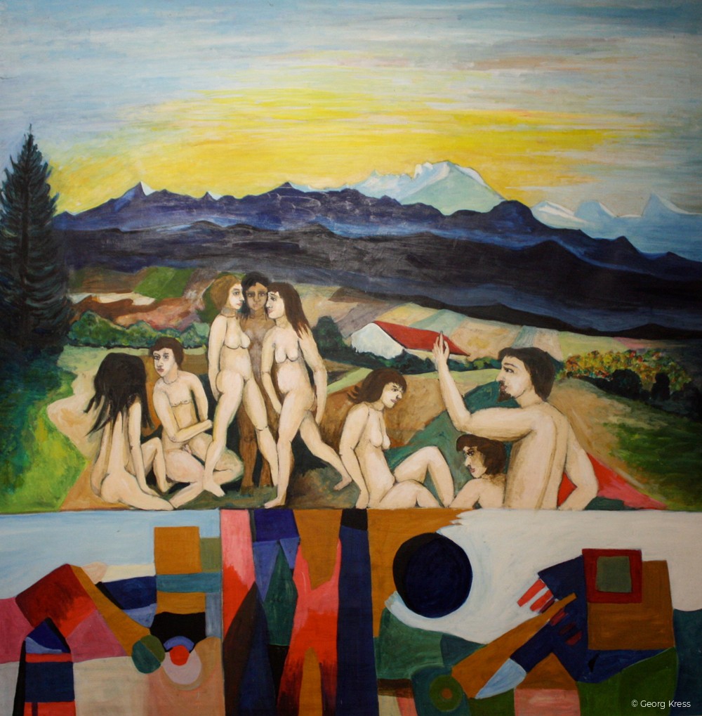 Weisheit - Der lehrende Epikur im Inntal. 1981. Eitempera, Öl, Dispersion auf Leinwand.