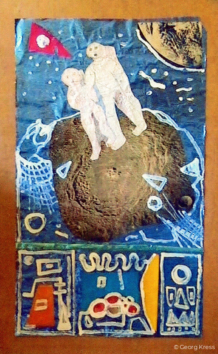 Zwei Astronauten. 1976. Dispersion, Collage auf Folie, Holz.